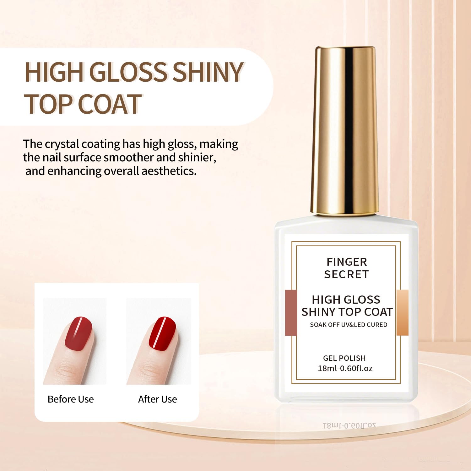 finger secret Golden Shiny High Gloss Top Coat - Crystal Sealant with Golden Luster, Clear Gel Nail Polish & Dip Powder Top Coat