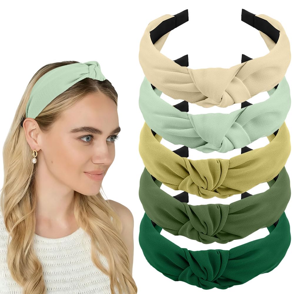 AHONEY 5 Pack Green Knotted Headbands for Women Trendy Fashion Thick Headbands Top Knot Non Slip Cute Hair Accessories Headband 