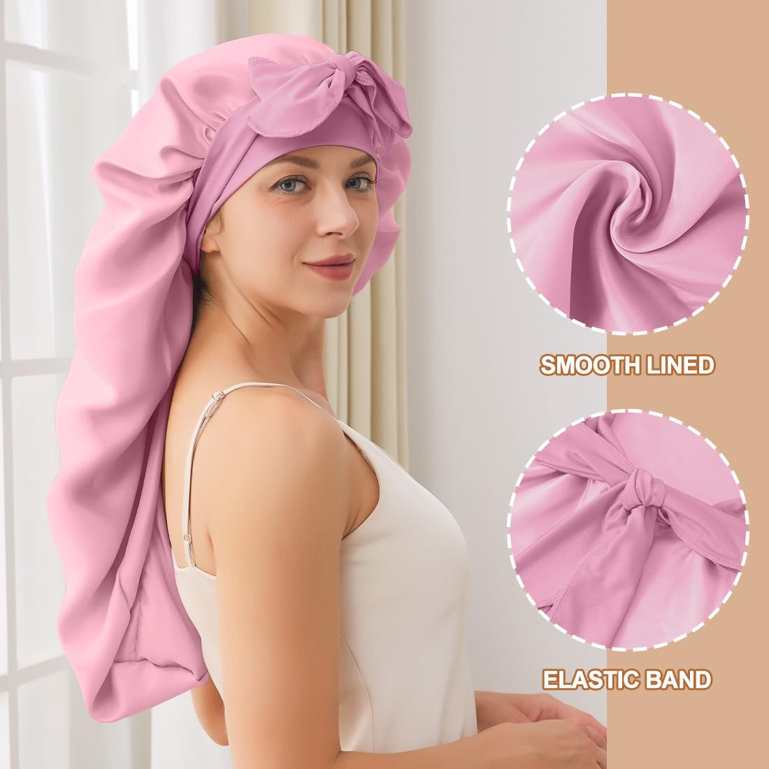 Long Bonnet For Sleeping, Satin Silk Bonnet With Tie Band, Jumbo Hair Bonnets For Women Long Braids Natural Curly Hair Showercap