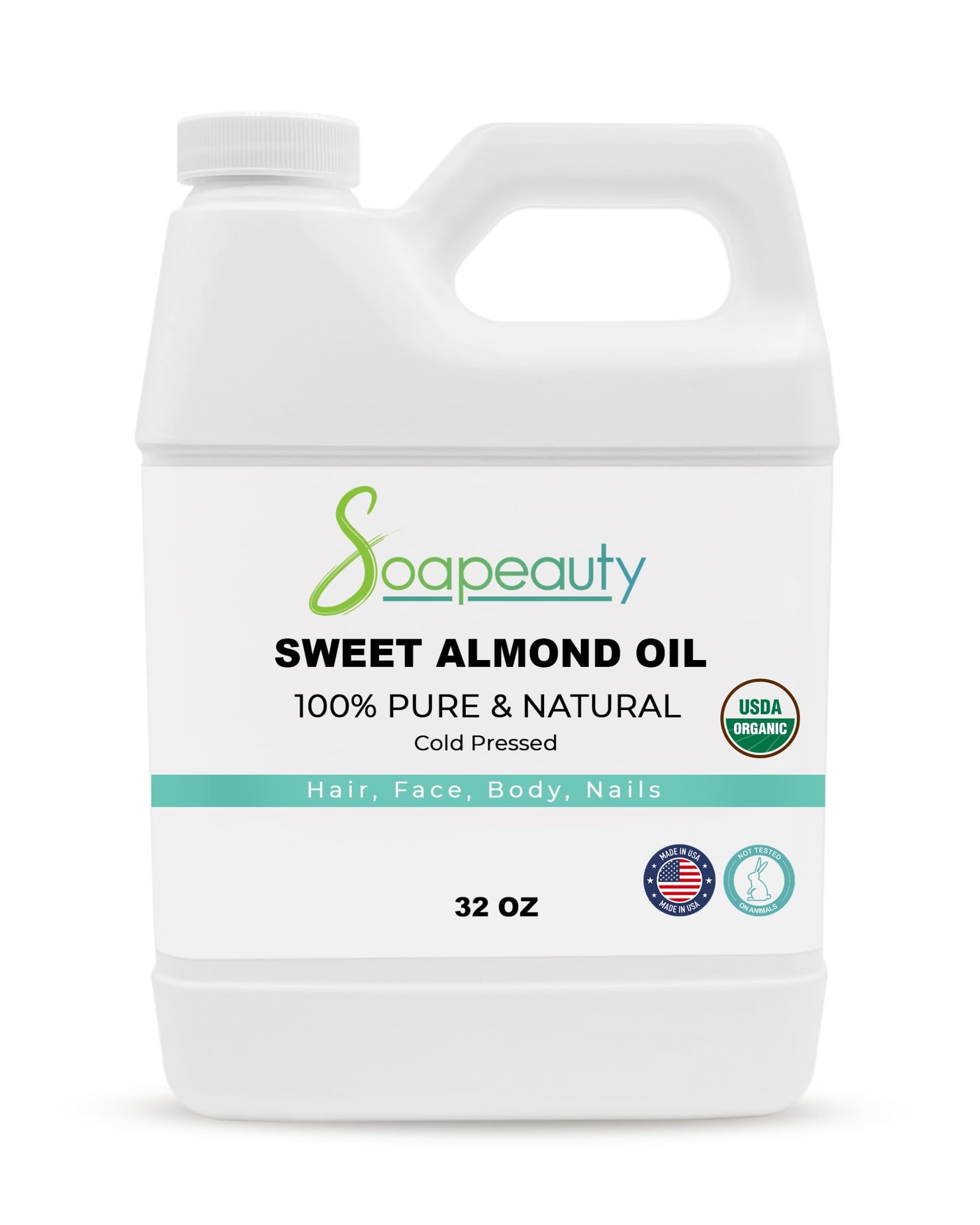 Soapeauty Sweet Almond Oil Cold Pressed Refined USDA Organic | 100% Pure Sweet Almond Oil Available in Bulk | Carrier for Essent