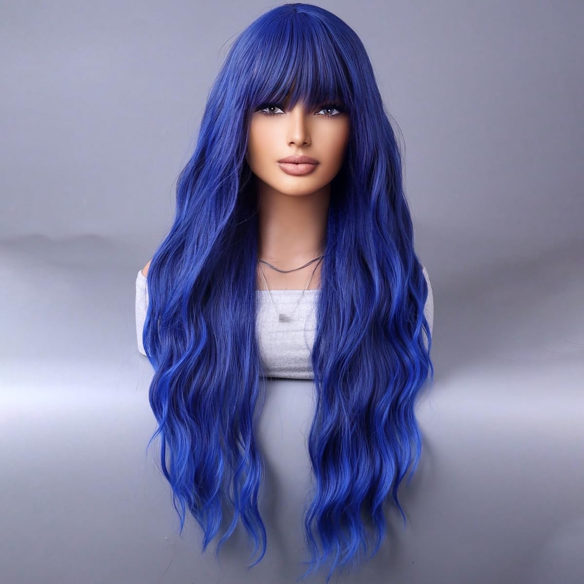 Wthcos Dark Blue Long Curly Wavy Hair Wig With Bangs For Women Blue Wig Heat Resistant Synthetic Hair Wigs For Daily Use Cosplay