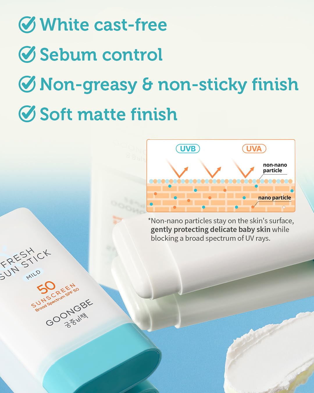 GOONGBE Fresh Sun Stick Mild SPF 50 - No White Cast Zinc Oxide Mineral Sunscreen Stick Balm - Non Greasy Soft Matte Finish - Tra