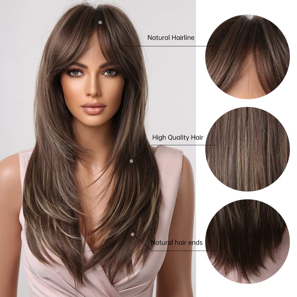 HAIRCUBE Brown Wigs for Women,Long Layered Brown with Highlight Wigs with Bangs Heat Resistant Synthetic Fibre Wigs(pelucas de c