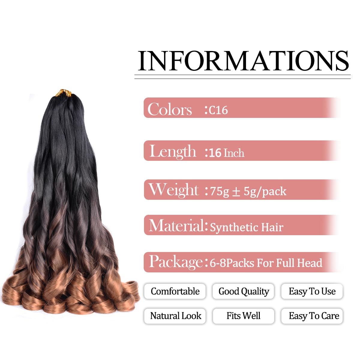 French Curl Braiding Hair 16 Inch Ombre Curly Braiding Hair Pre Stretched C16 75G/Pack 8 Packs Synthetic Soft Braiding Hair Curl