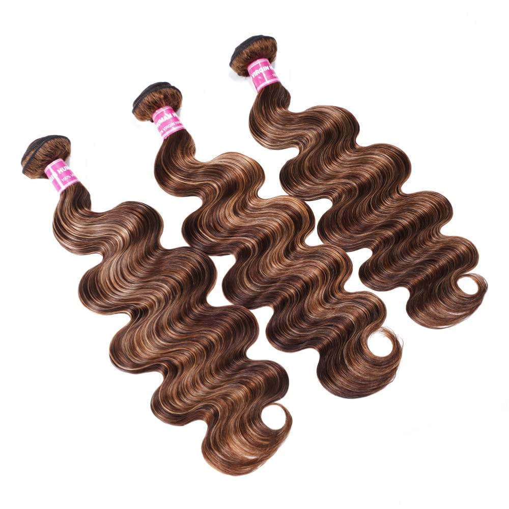 Unice Honey Blonde Highlight Body Wave Human Hair Weave 1 Bundle 18 Inch, Brazilian Remy Hair Dark Root Ombre Blonde Human Hair