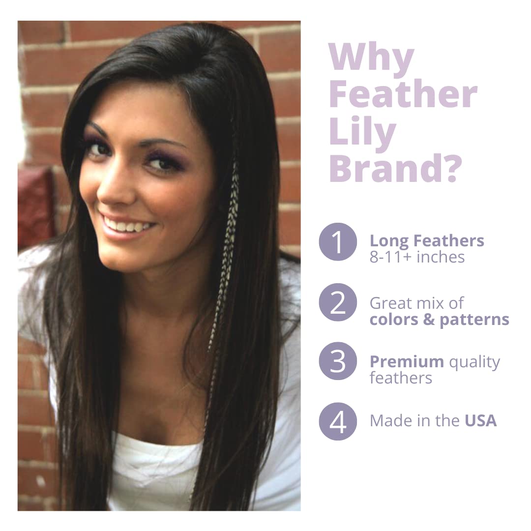 Hair Feathers Kit, 20 Long Feather Extensions with beads and loop tool kit, Black and White Striped,100% Real Rooster Feather Ac