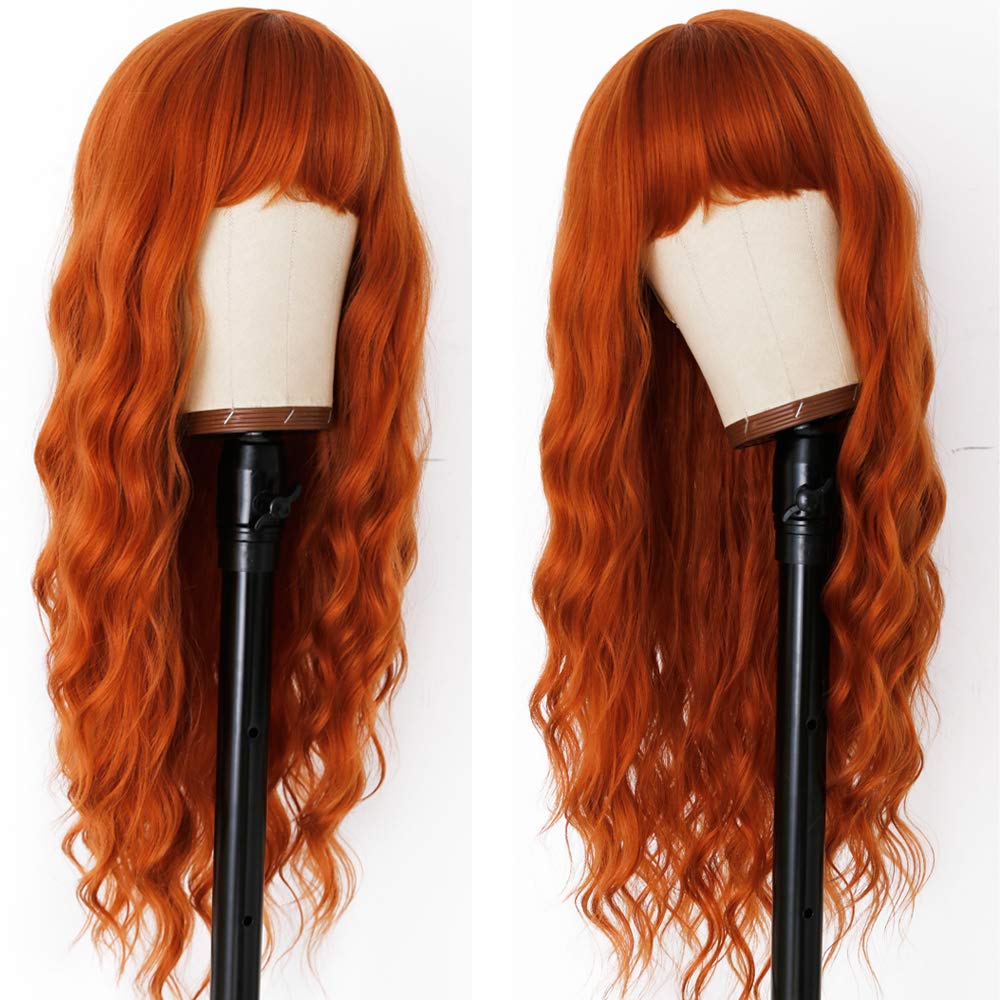 Evlynn Ginger Wig With Bangs Orange Long Wavy Wigs For Women Ginger Curly Heat Resistant Synthetic 26 Inches Loose Wave Red Oran