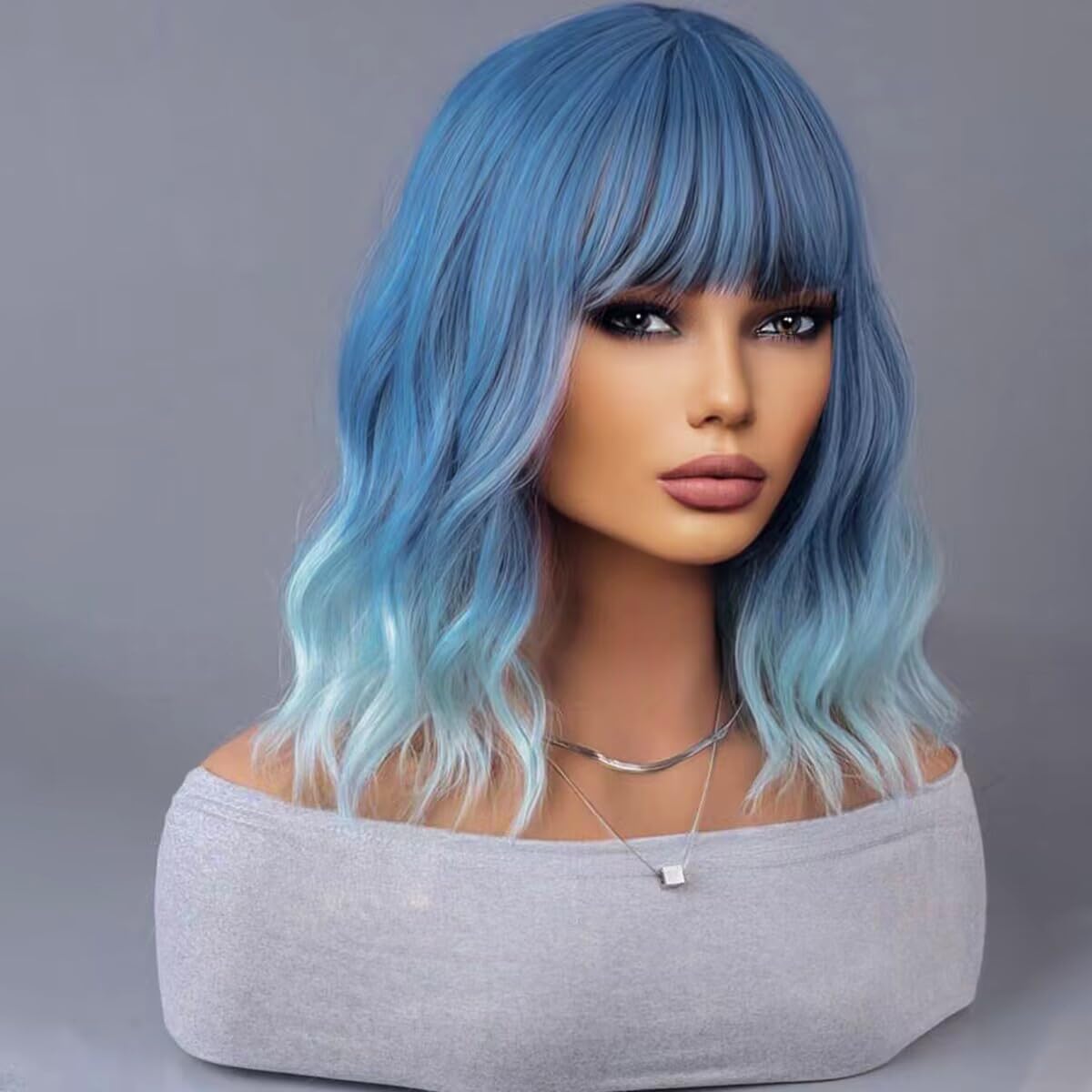 Wthcos Blue Ombre Short Bob Wig Blue To Light Blue Wig Short Curly Wavy Wig With Bangs For Women Ombre Blue Wig Heat Resistant S