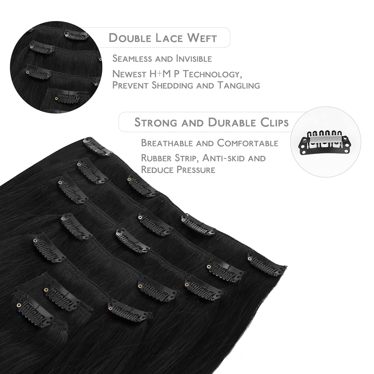 Wennalife Clip In Hair Extensions Real Human Hair, 16 Inch 120G 7Pcs Jet Black Hair Extensions Clip In Human Hair Remy Clip In H