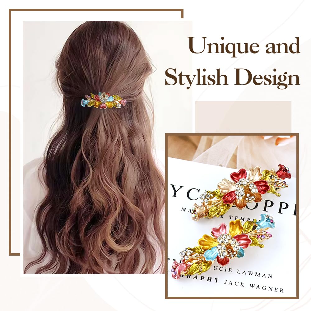 Insowni 4 Pieces Vintage Gold Metal Sparkly Rhinestone Flower French Hair Barrettes Floral Snap Hair Clips Clasps Accessories Fo