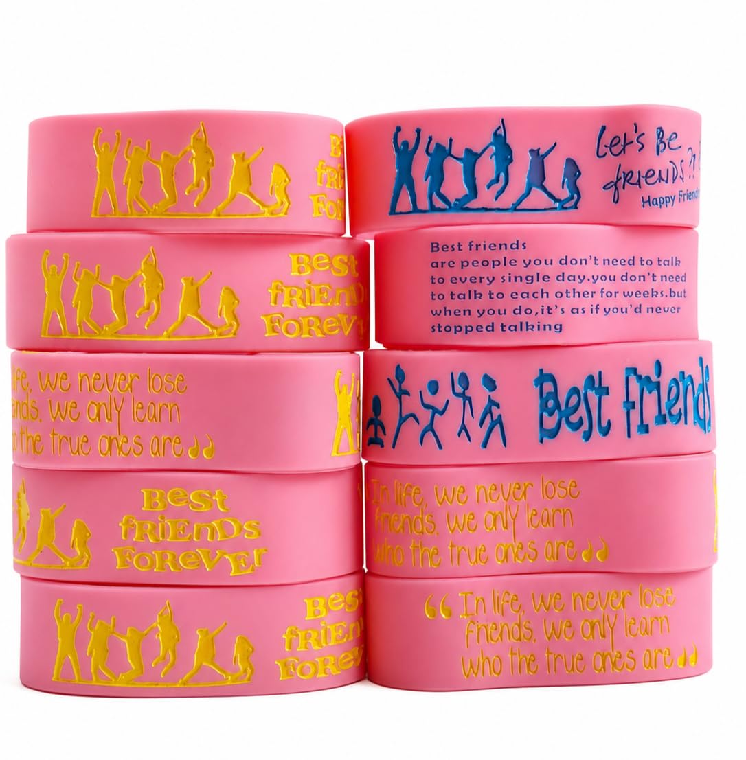 Nice Life Collections Friendship Day Silicone Wristbands, Pink, Best Friends Forever Quote Bracelets, Pack Of 10 (Pink_Friend5)