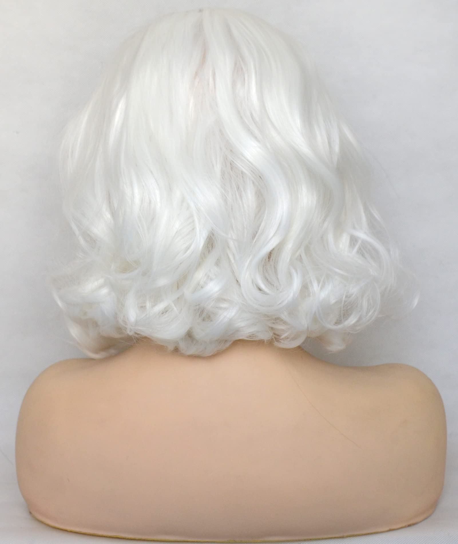 Bluple White Lace Front Wig Short Wavy Bob Style Platinum White 1001# Loose Wave Curly Synthetic Hair Side Part Half Hand Tied R
