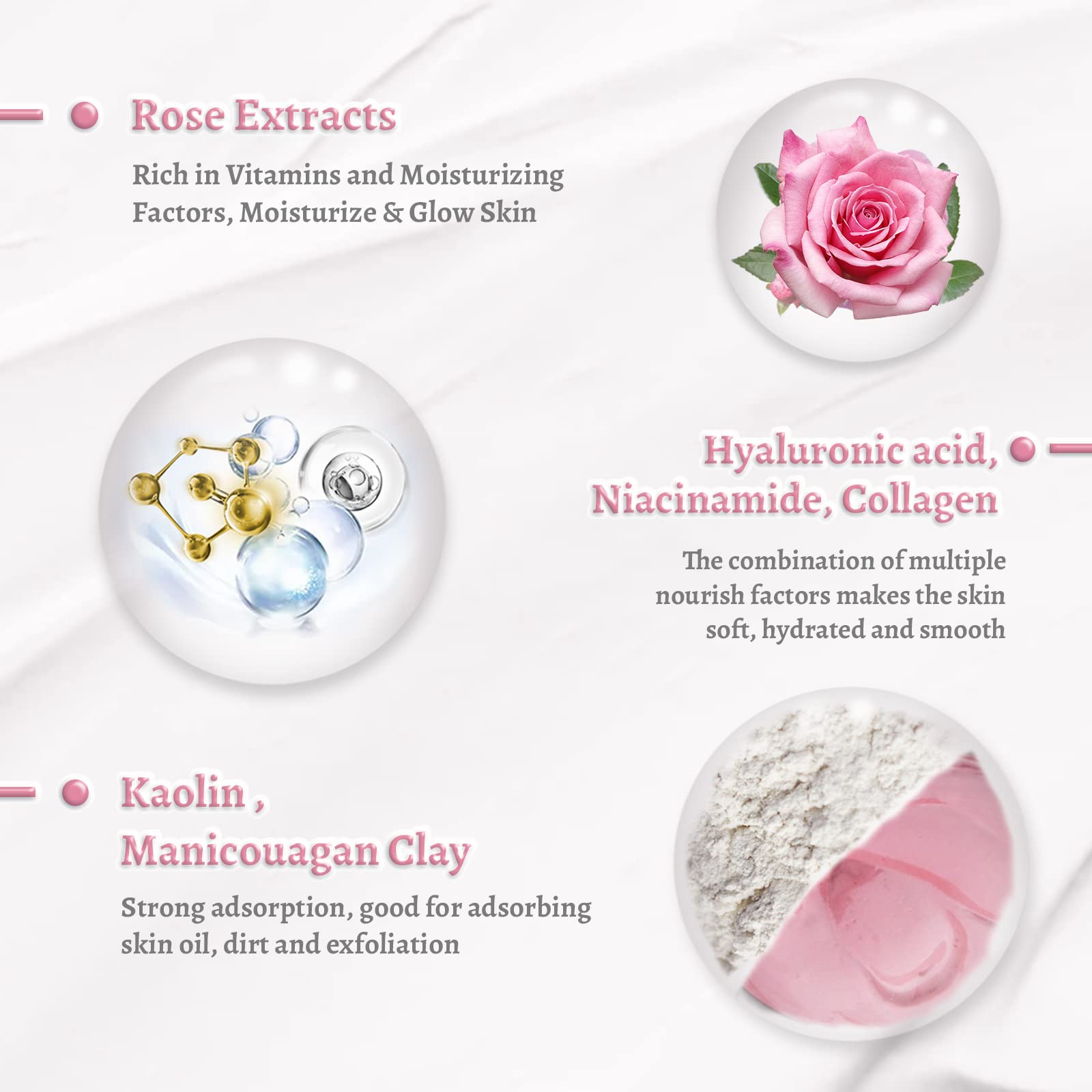 ANAI RUI Rose Clay Facial Mask, with Kaolin Pink Clay, Niacinamide, Collagen, Hyaluronic Acid Moisturizing. Pores Minimizers, Bl