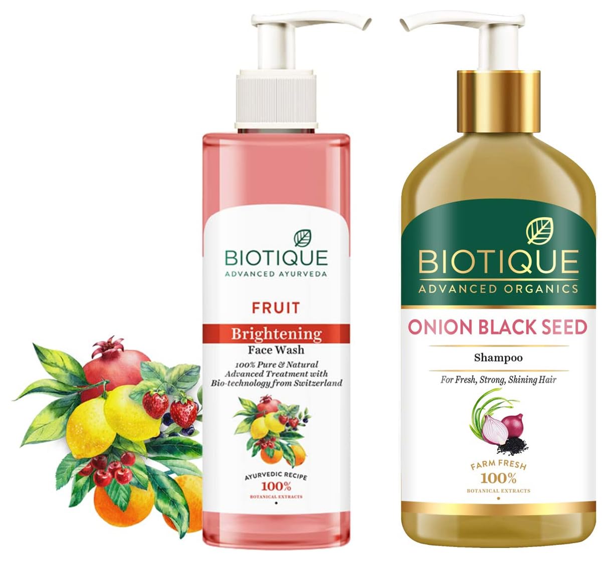 Biotique Onion Black Seed Shampoo For Fresh, Strong And Shining Hair, 300 Ml & Biotique Fruit Brightning Face Wash, 200Ml