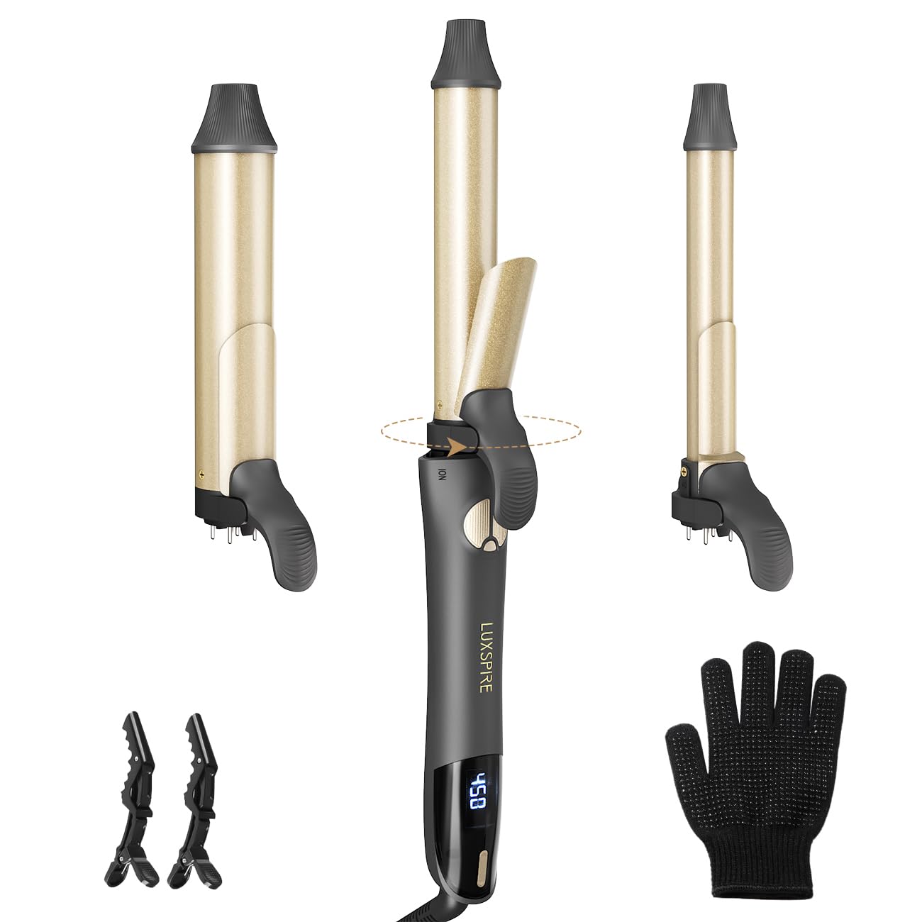 Rotating Curling Iron, 3 in 1 Automatic Curling Iron Set with Interchangeable Barrel 3/4, 1, 1 1/4 Inch, Instant Heat Dual Volta