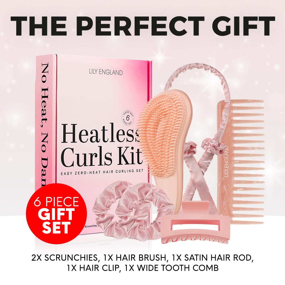 Lily England Heatless Hair Curler, 6-Piece No Heat Curls Overnight Set Includes A Detangler Brush, Scrunchies, Claw Clip & Comb