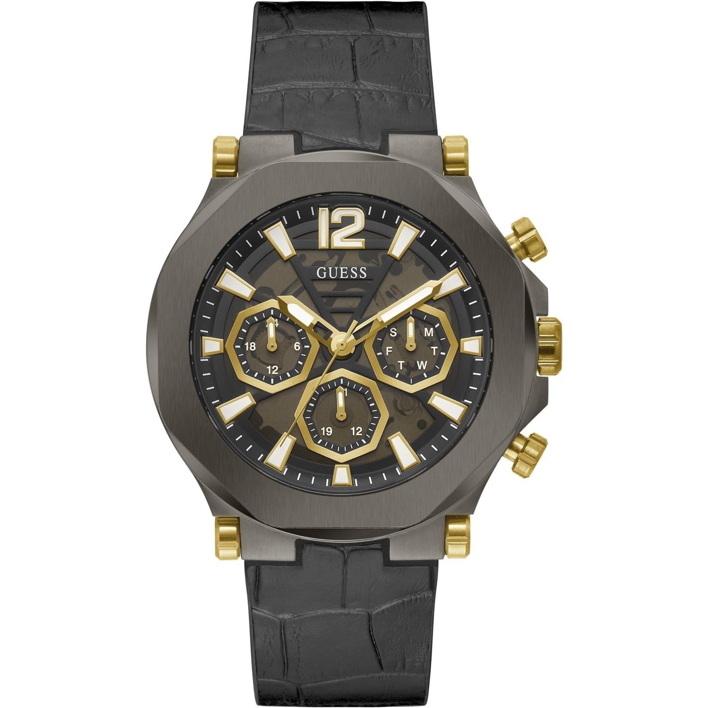 Guess Mens 46 Mm Edge Black Dial Genuine Leather Analog Watch  Gw0492G1