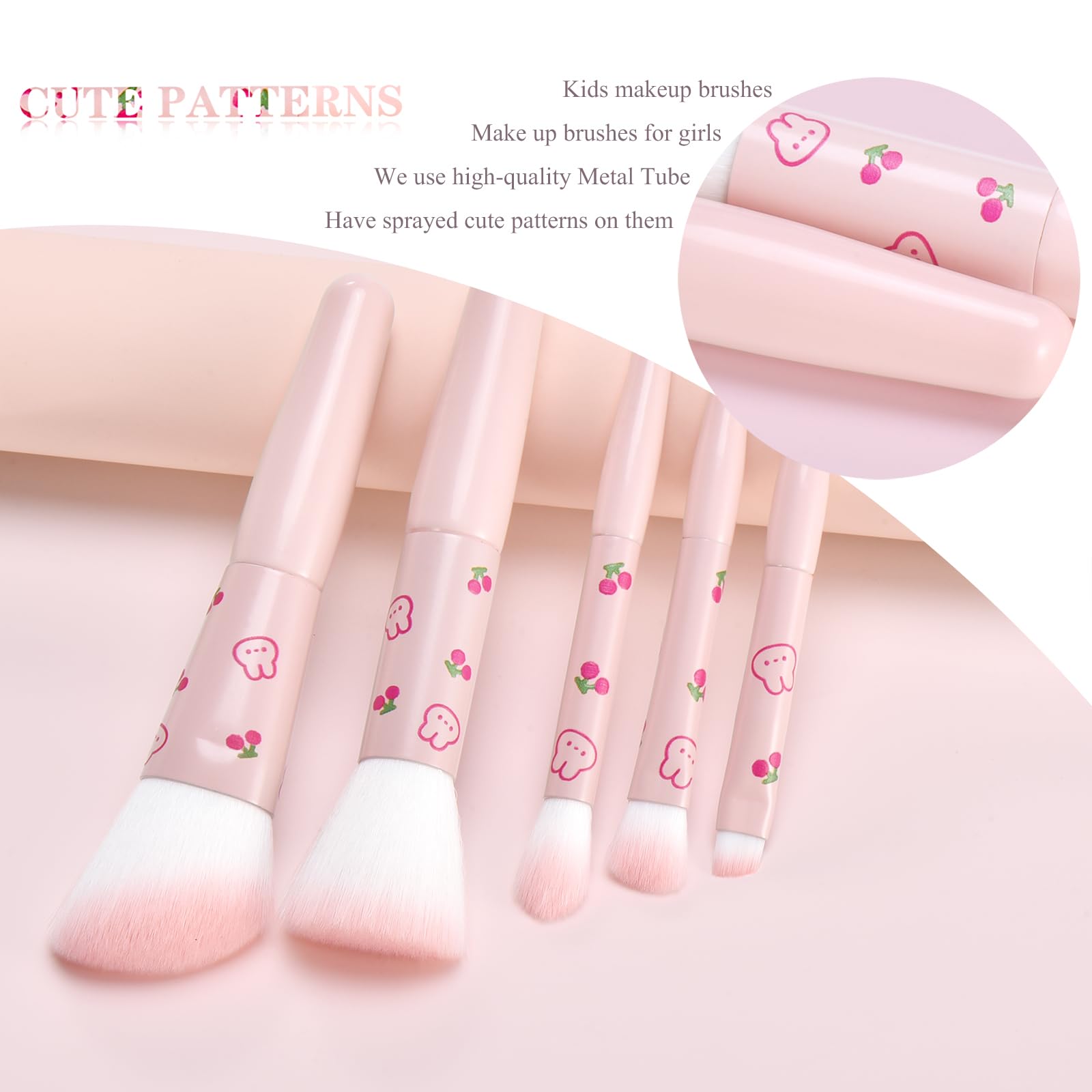 5Pcs Pink Printed Travel Makeup Brushes With Bag and 5Pcs Finger Puff Cosmetic Tool Kit Soft synthetic Fiber for Foundation, Pow