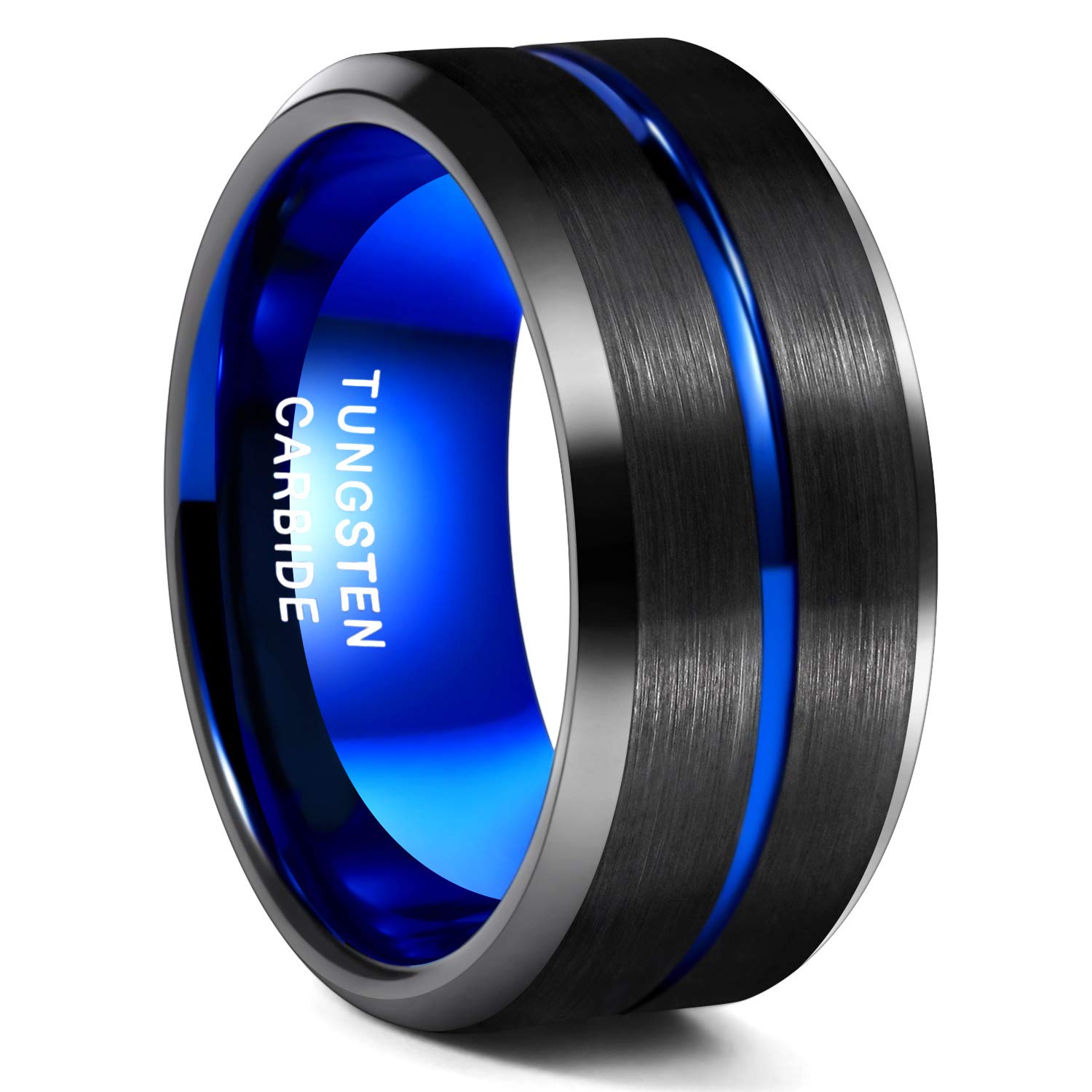 Greenpod 10MM Black Tungsten Ring for Men Thin Blue Line Groove Beveled Edge Wedding Band Comfort Fit Size 11.5