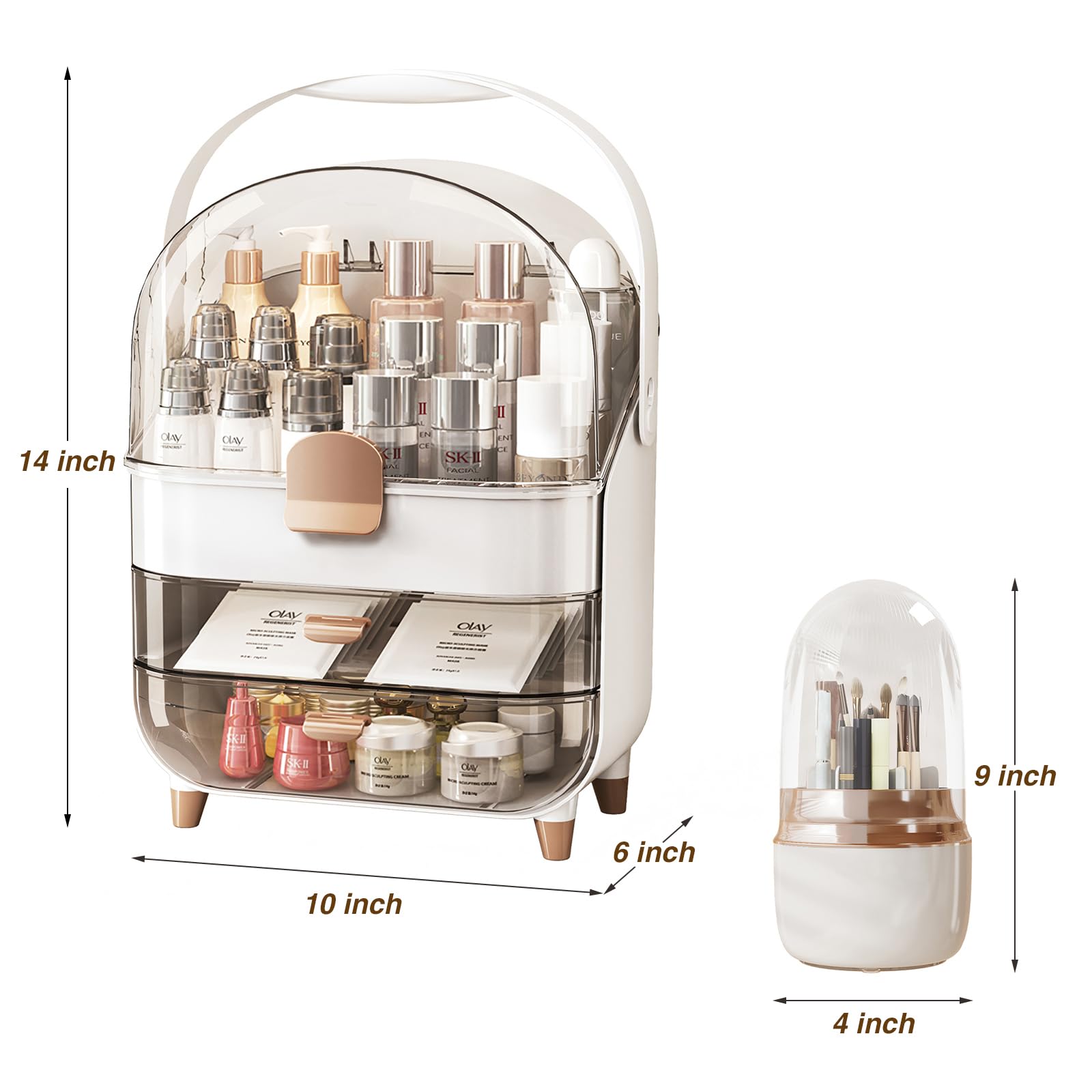 TooCust Cosmetics Organizer Set with Brush Holder - Skincare Holder Bathroom Counter Organizer with Drawers, Cosmetic Display Ca
