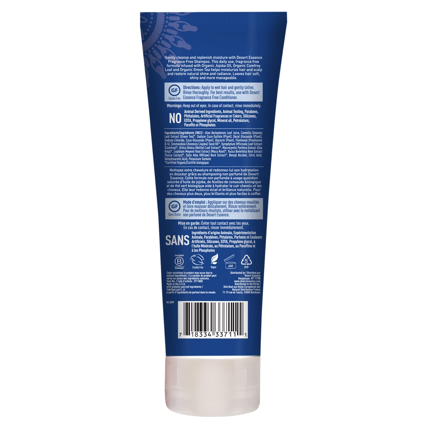 Desert Essence Organic Fragrance Free Shampoo - 8 Fl Oz - 2 Pack - Pure, Unscented - W/Aloe Vera, Jojoba Oil, Pro-Vitamin B5 - C