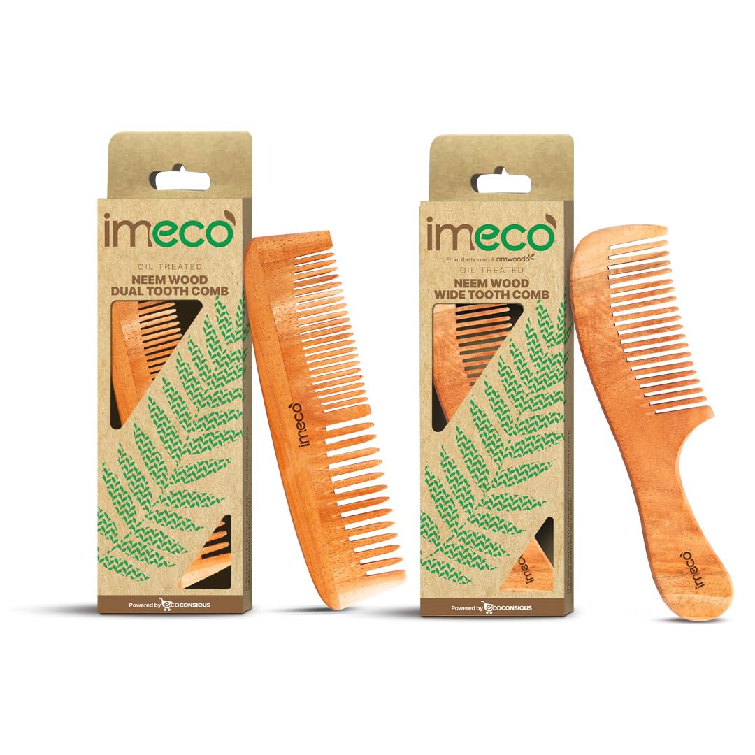 Imeco Neem Wooden Dual Tooth Hair Comb Set (Pack Of 2  Dual Tooth & Wide Tooth) | Dandruff Control & AntiStatic | Detangling H