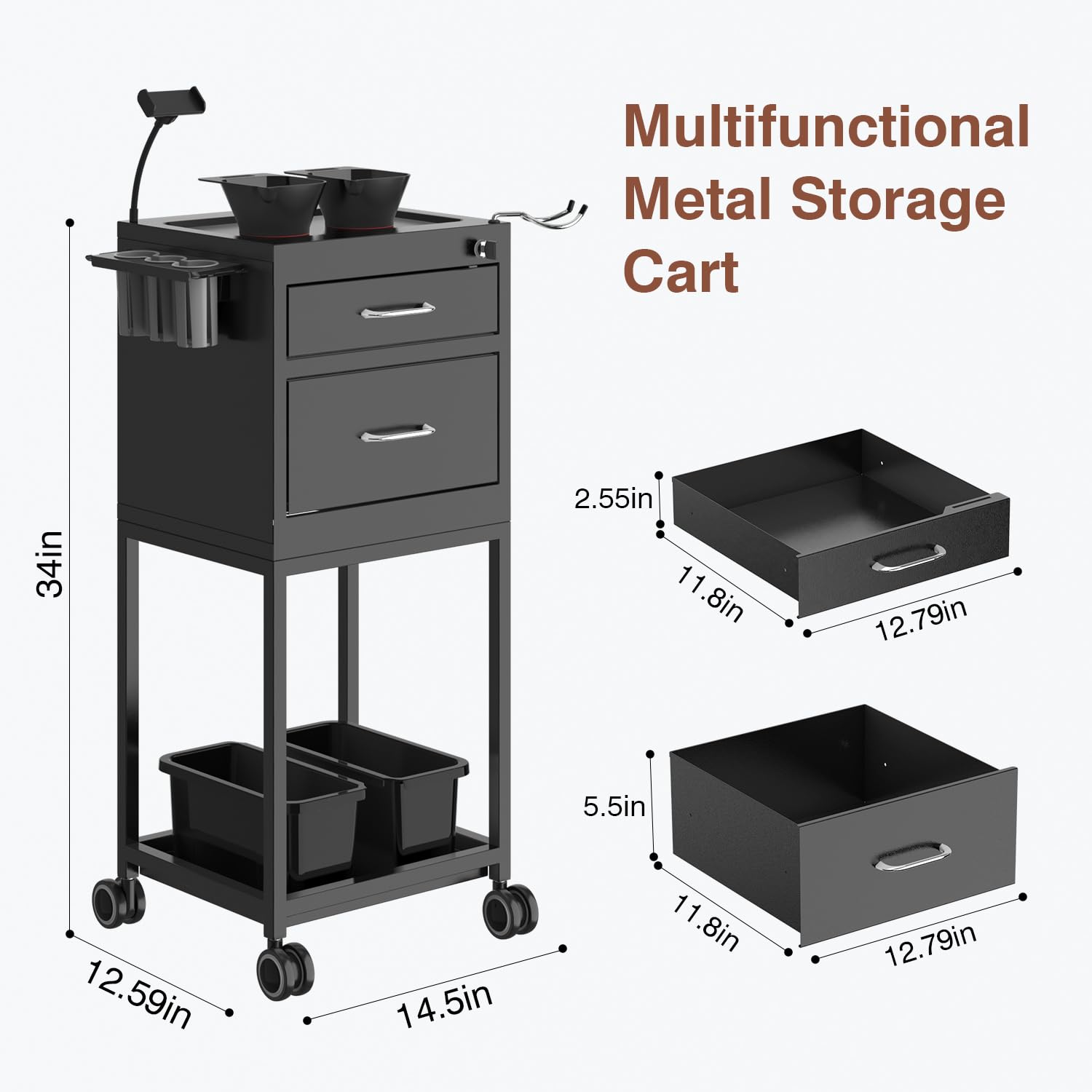 Salondepot Salon Cart Lockable Metal Storage Trolley With Wheels Sturdy Rolling Work Station, High End Tool Organizer With 2 Mag
