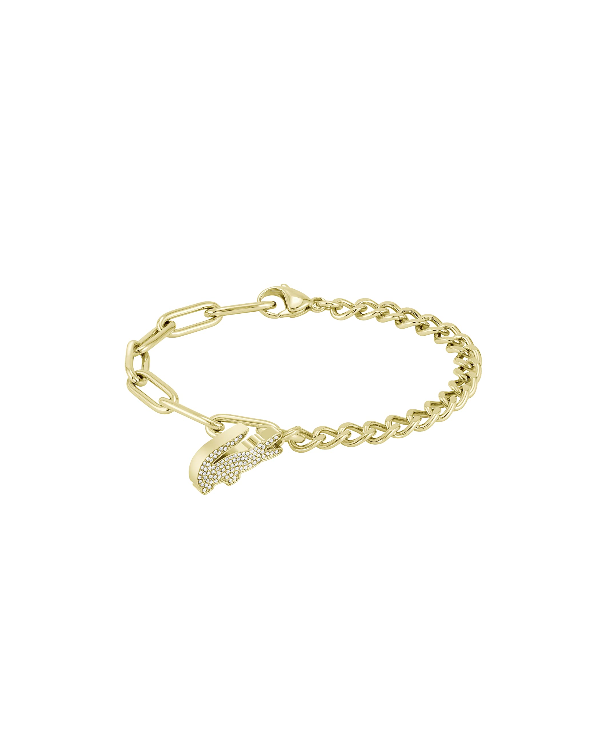 Lacoste Jewelry Crocodile Women's Ionic Plated Thin Gold Steel and Crystal Chain Bracelet, Color: Gold Plated (Model: 2040147)