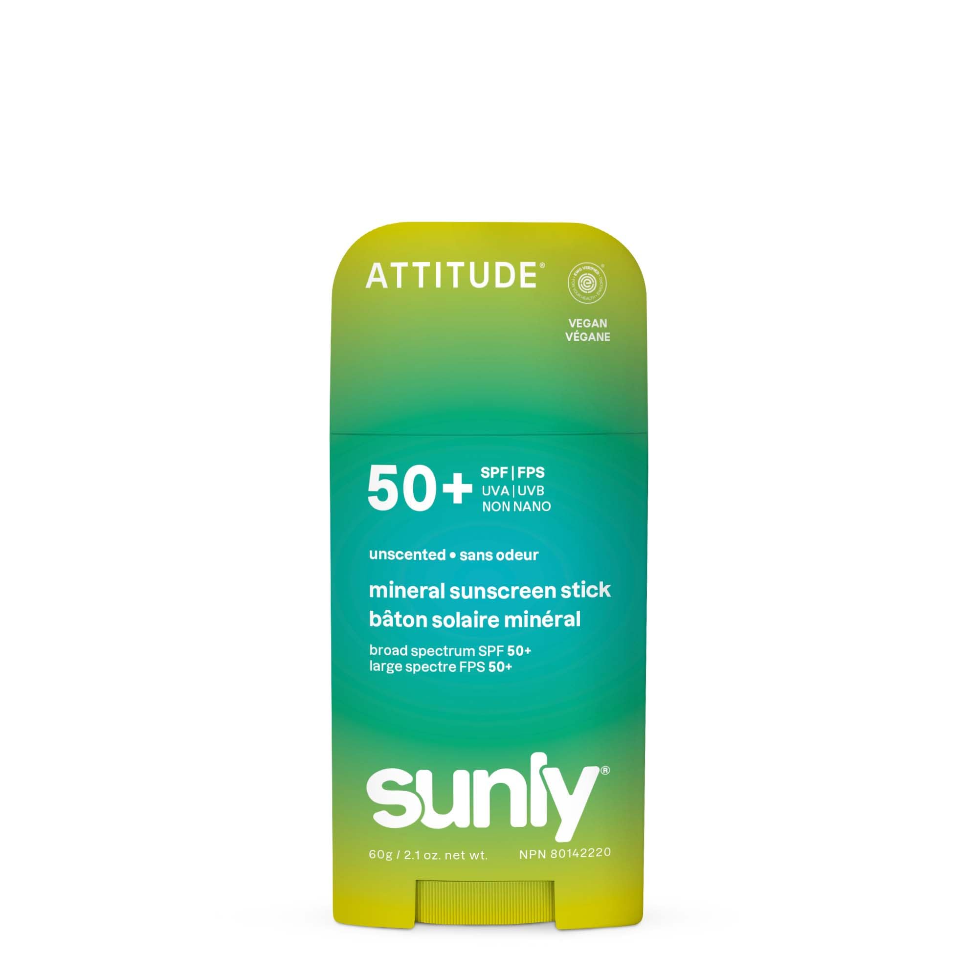 ATTITUDE Mineral Sunscreen Stick SPF 50, Broad Spectrum Zinc Oxide, EWG Verified, Non-Nano, Mess-Free Stick for Face & Body, Lig