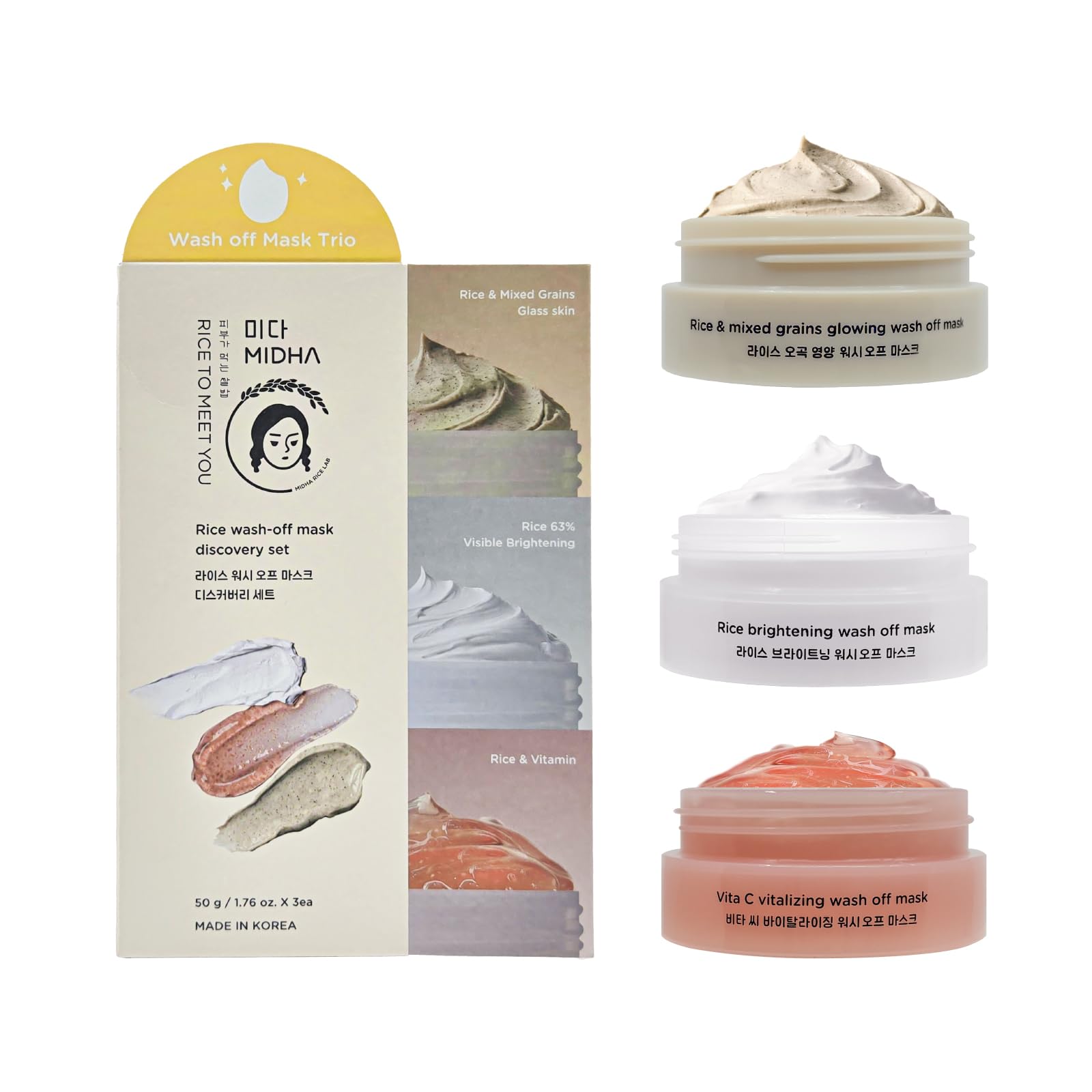 MIDHA RICE WASHOFF MASK DISCOVERY SET, 1.76oz x 3/50g, Dull Skin Care, Hydrating and Soothing, Pore Refining Treatment, Vitamin 