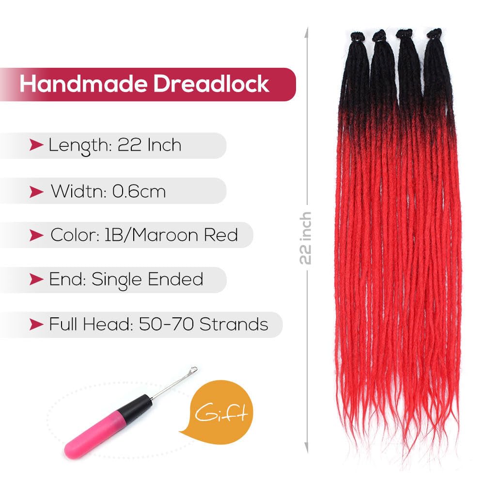 Kraler 22 Inch 40 Strands Dreadlock Extensions, Thin 0.6Cm Width Black To Red Synthetic Crochet Dreads Extensions 100% Handmade