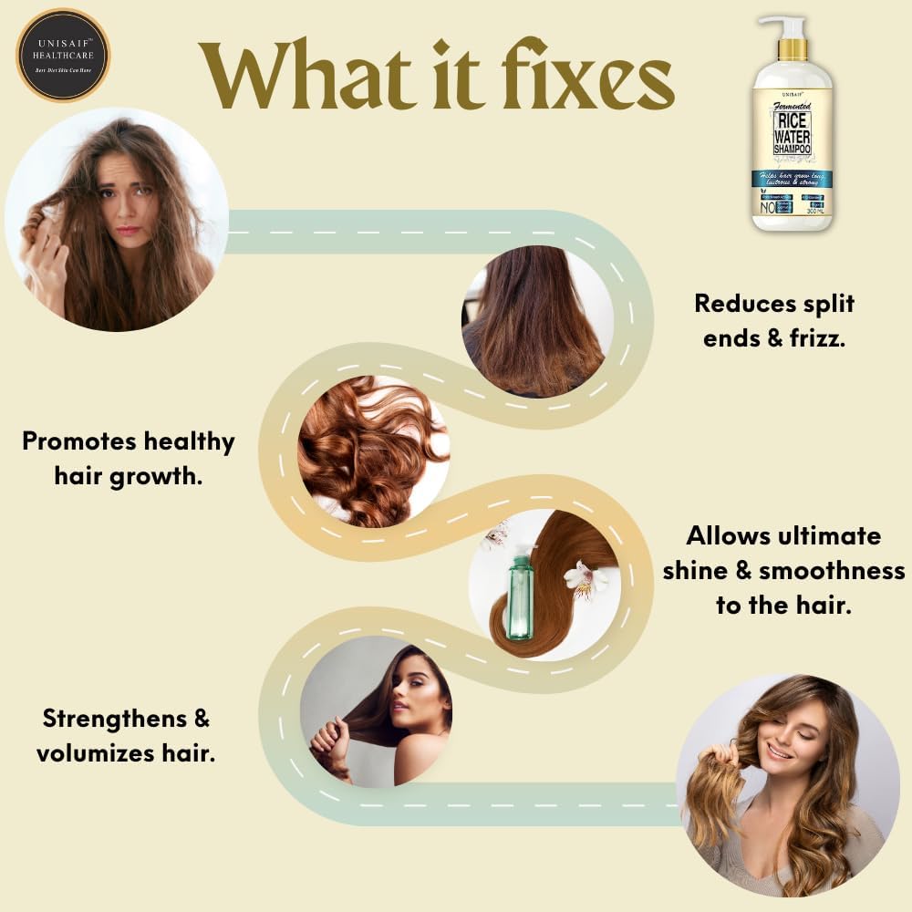 Unisaif Rice Water Shampoo For Curly Frizzy Hair - Natural & Organic With Coconut Oil, Soy Protein, Nourishing Ingredients For A
