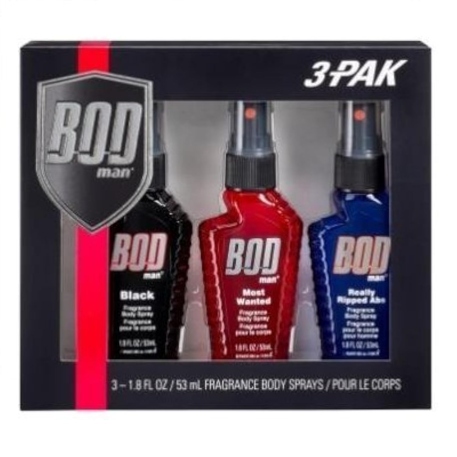 Bod Man Body Spray Pack Of 3 Styles, Black - Most Wanted - Really Ripped Abs