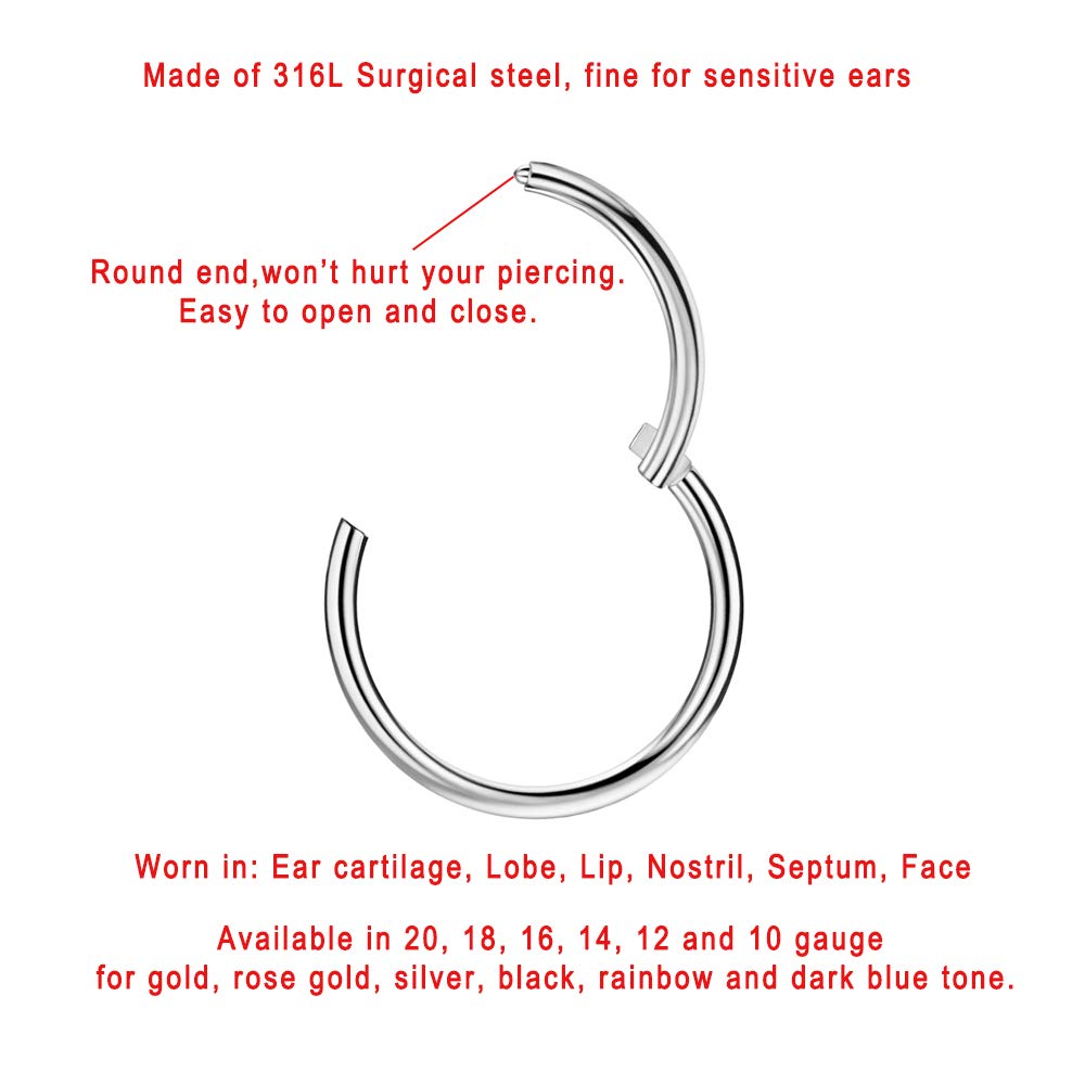 FANSING 10g Nose Rings for Women Men 10mm Nose Hoop Surgical Steel Piercing Hoop for Cartilage Helix 10 Gauge Septum Jewelry