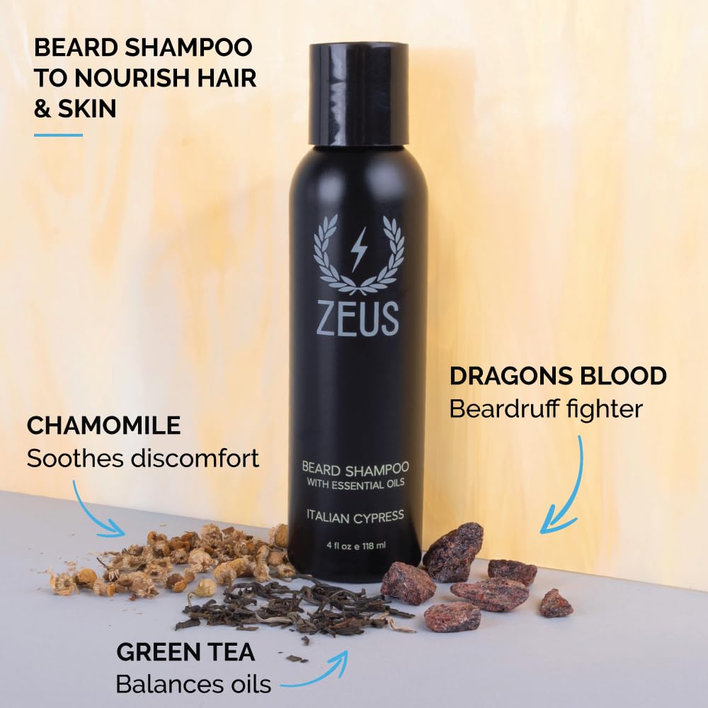 ZEUS Beard Shampoo & Conditioner Set with Essential Oils, 4 Fl Oz - Made in USA