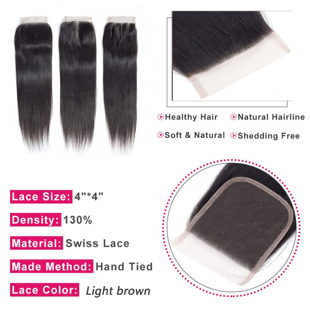 Isufer Straight Closure 4X4 Lace Closure Human Hair Pre Plucked 14 Inch With Baby Hair Bleached Knots Grade 12A Real Human Hair