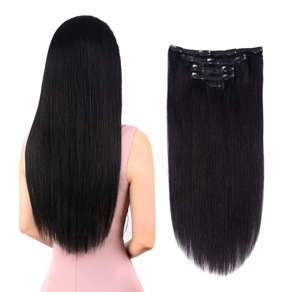 5 Pieces 22'' Remy Clip in Hair Extensions Human Hair Off Black - Beauty Silky Straight Long Thick Real Hair Extensions for Wome