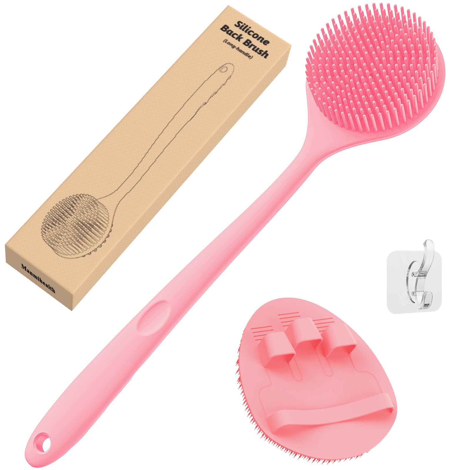Manmihealth Silicone Back Scrubber(Thin Bristles) & Soft Bath Brushes Set, Super-Cleaning Body Scrubber & Super-Lathering Soft B