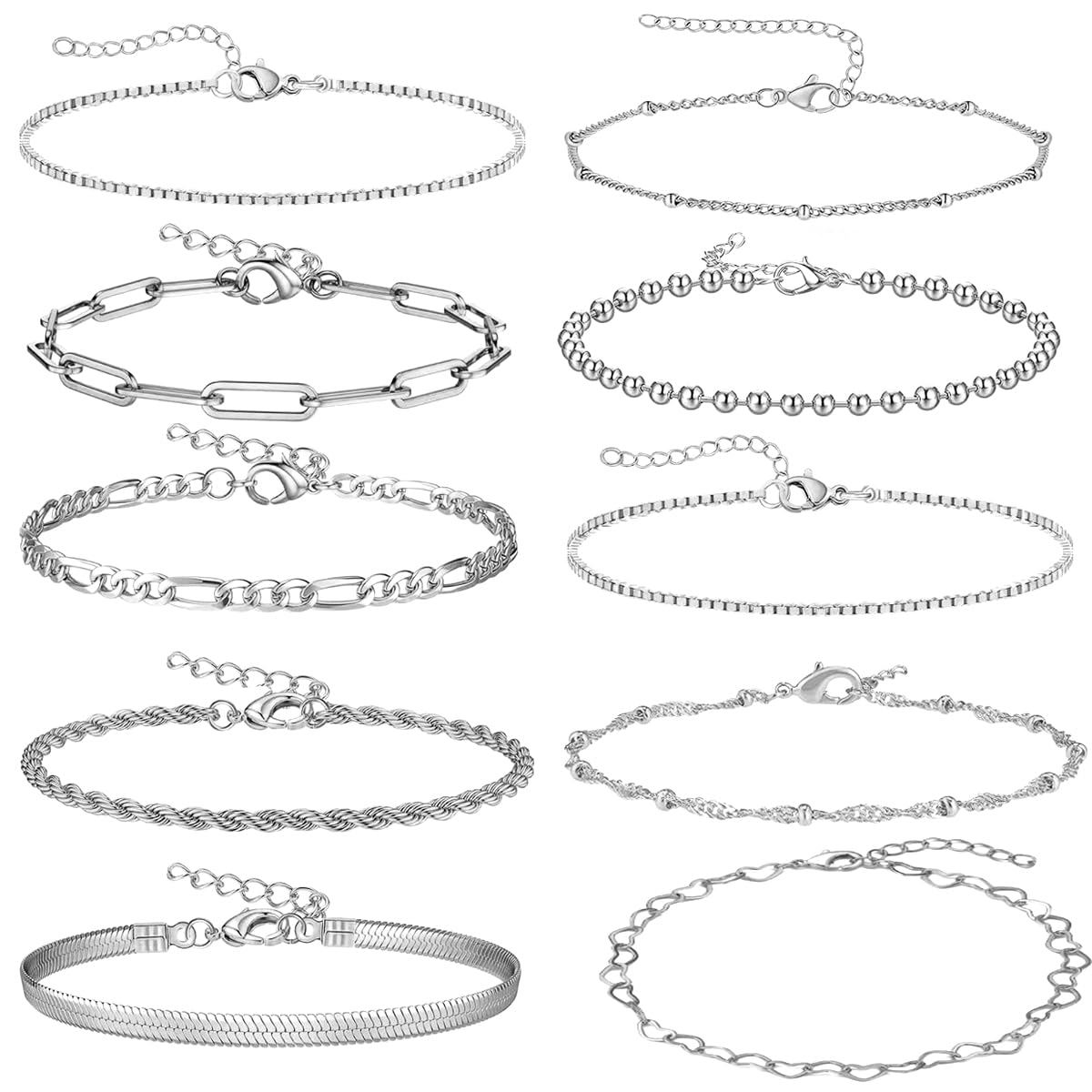 Sannidhi Bracelets For Women, Pack Of 10 Chic Silver Alloy Layered Bracelets Set Slim Link Bracelet, Women Wrist Jewelry