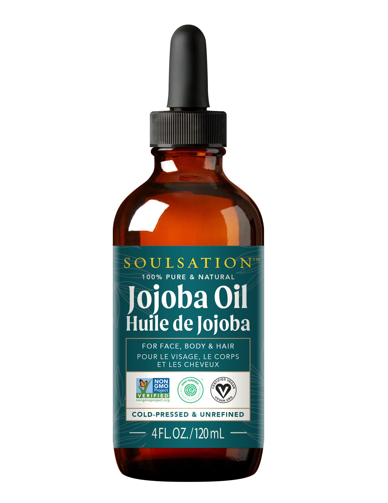 SOULSATION Pure Jojoba Oil for Skin, Hair, Face & Body  100% Natural, Cold Pressed, Unrefined | NonGMO, EWG Verified, Cruelty