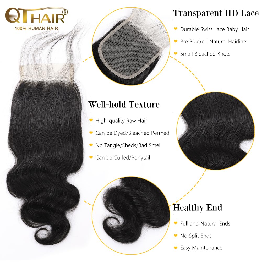 Qthair 12A Brazilian Body Wave Human Hair Lace Closure(20'' Free Part Natural Black) 100% Unprocessed Brazilian Body Wave Virgin