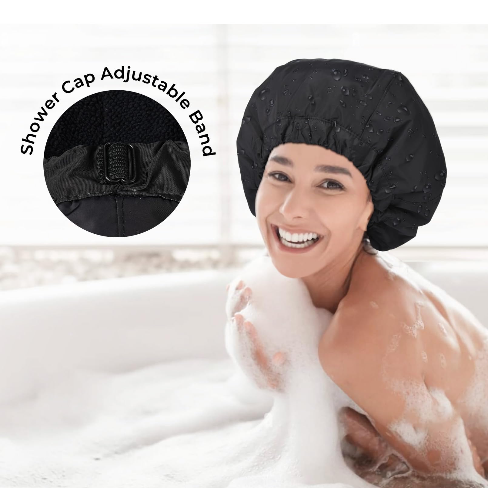 Shower Cap For Women Black Bath Cap, Reversible Large Waterproof Adjustable Shower Caps Terry Lining & Elastic Band Stretch Hem