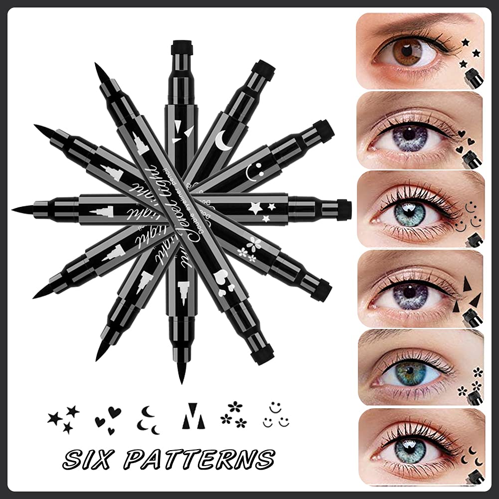 POPMISOLER 8 Pack Liquid Eyeliner Stamp Set - Waterproof, Long Lasting, Includes 6 Eyeliner Stamps & 2 Eyebrow Pencils, 8 Count