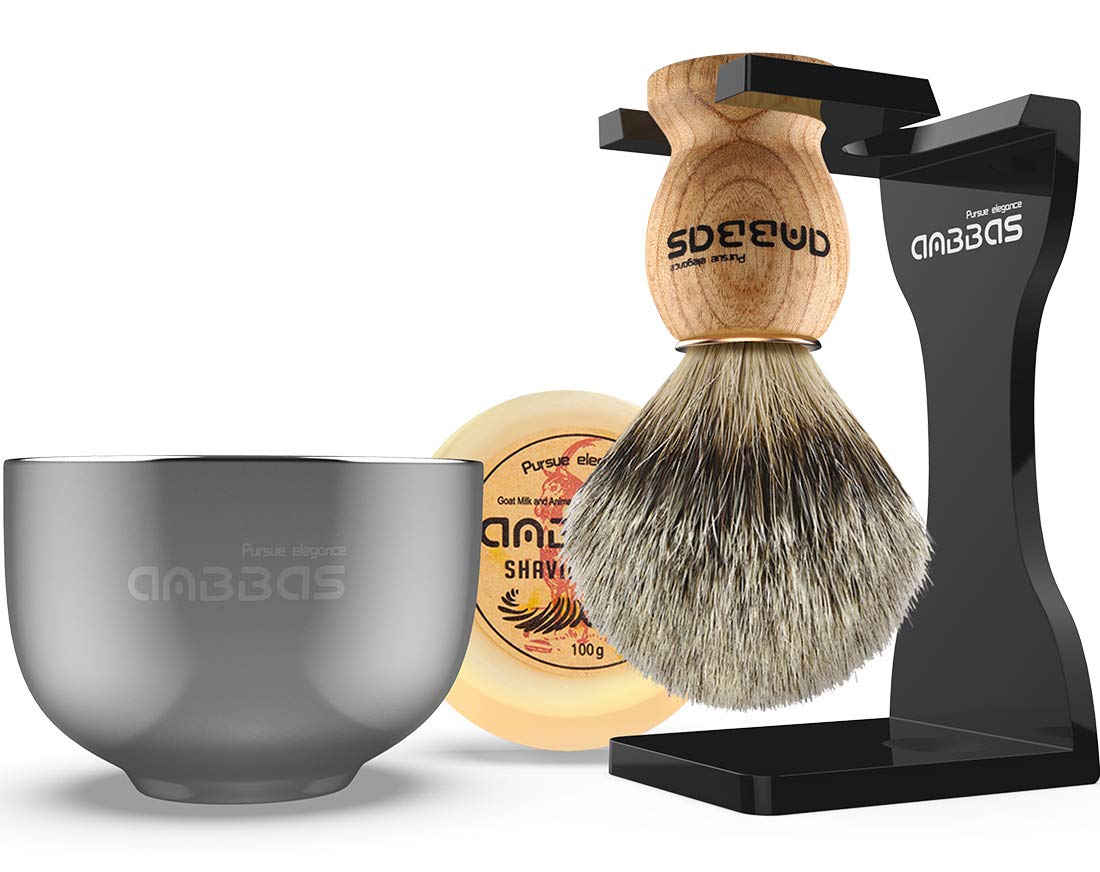 Shaving Set, Anbbas 4in1 Pure Badger Hair Shaving Brush Solid Manchurian Ash Wood Handle,Black Broken-Resistant Acrylic Shaving 