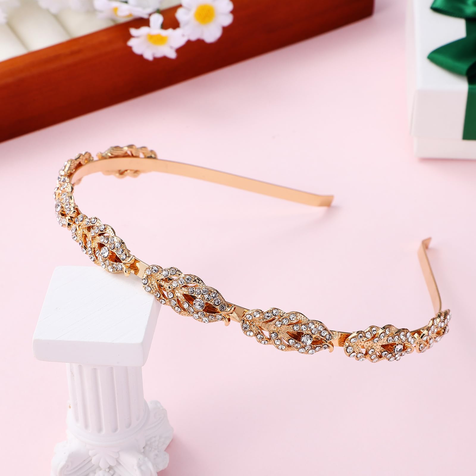 SAFIGLE Bridal Rhinestone Headpiece for Women - Thin Sparkly Jeweled Golden Hair Accessories for Bride, Bridesmaids
