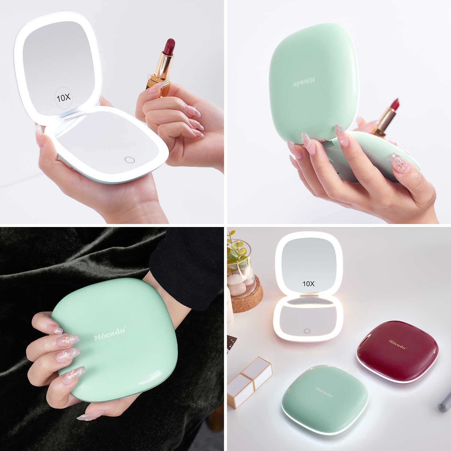 Mocado Compact Led Travel Makeup Mirror - 4 Inches 1X/10X Magnification Travel Mirror With Light Dimmable Double Sides Lighted U