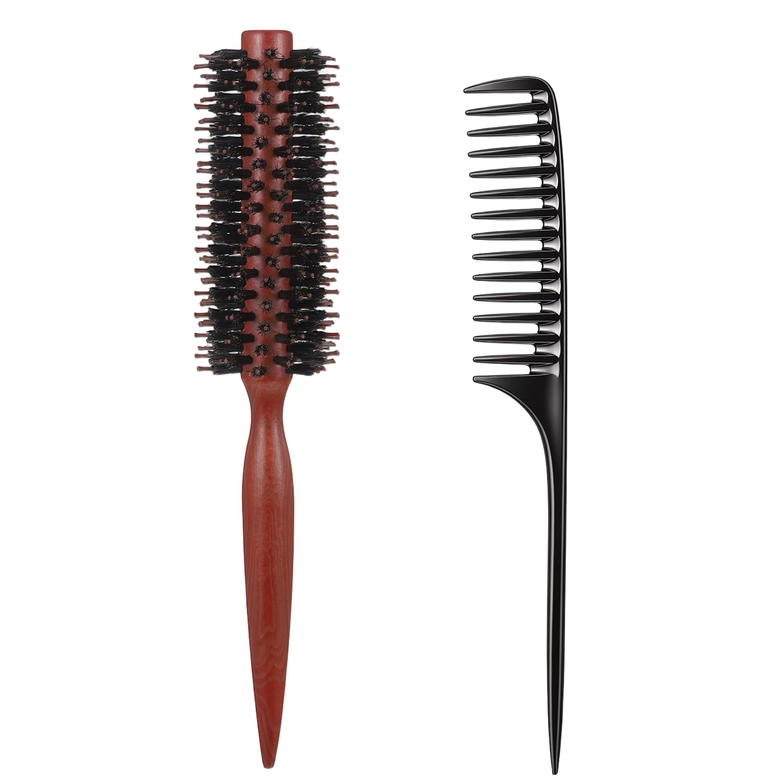 2 pcs Boar Bristle Hair Brush Round, Natural Boar Bristle Hair Brush with Pin Tail Comb for Thin or Short Hairs Mini Volumizing 
