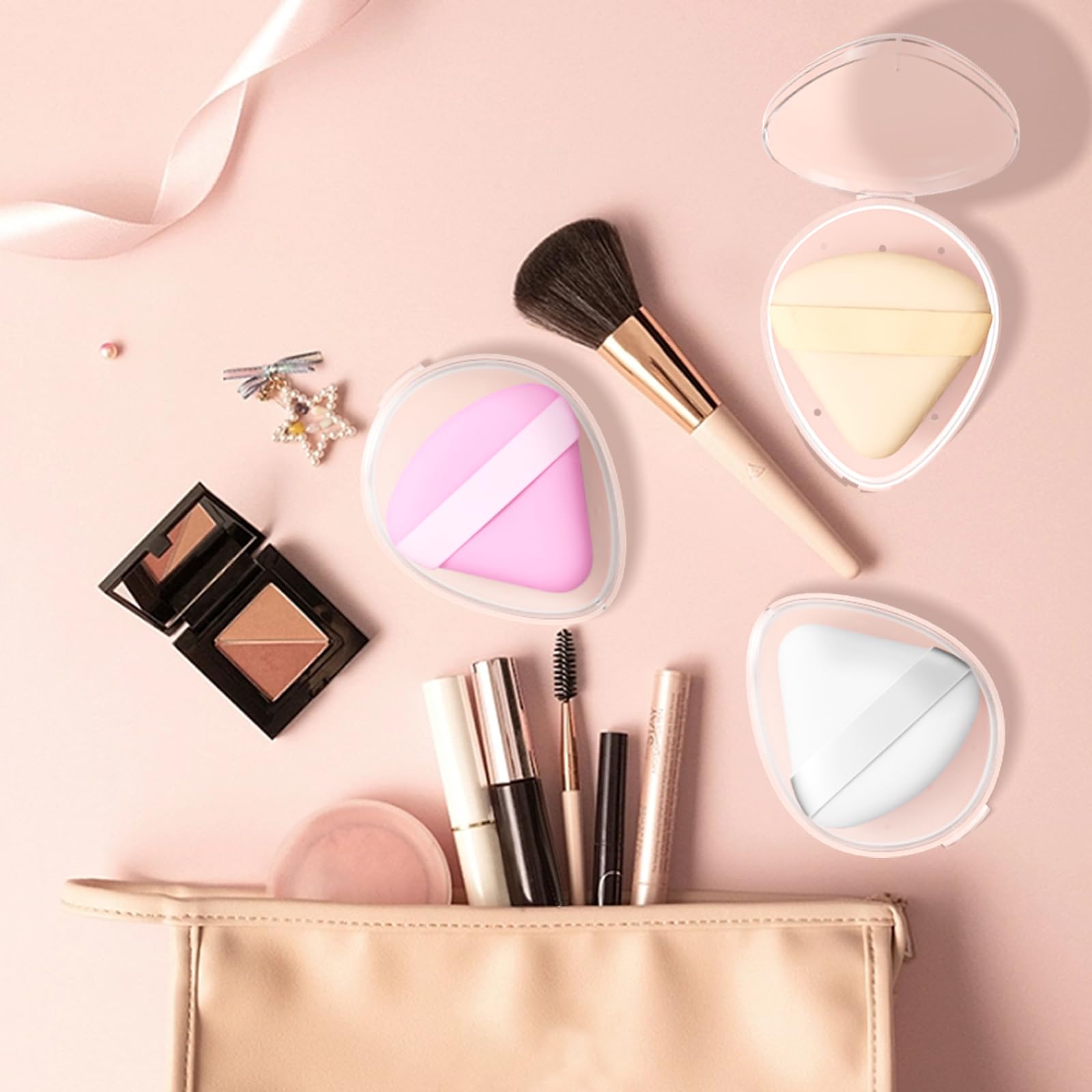 5 Pack Triangle Powder Puff Holders - Multifunctional Cosmetic Storage Case for Makeup Puffs, Beauty Blenders - No Sponge Includ