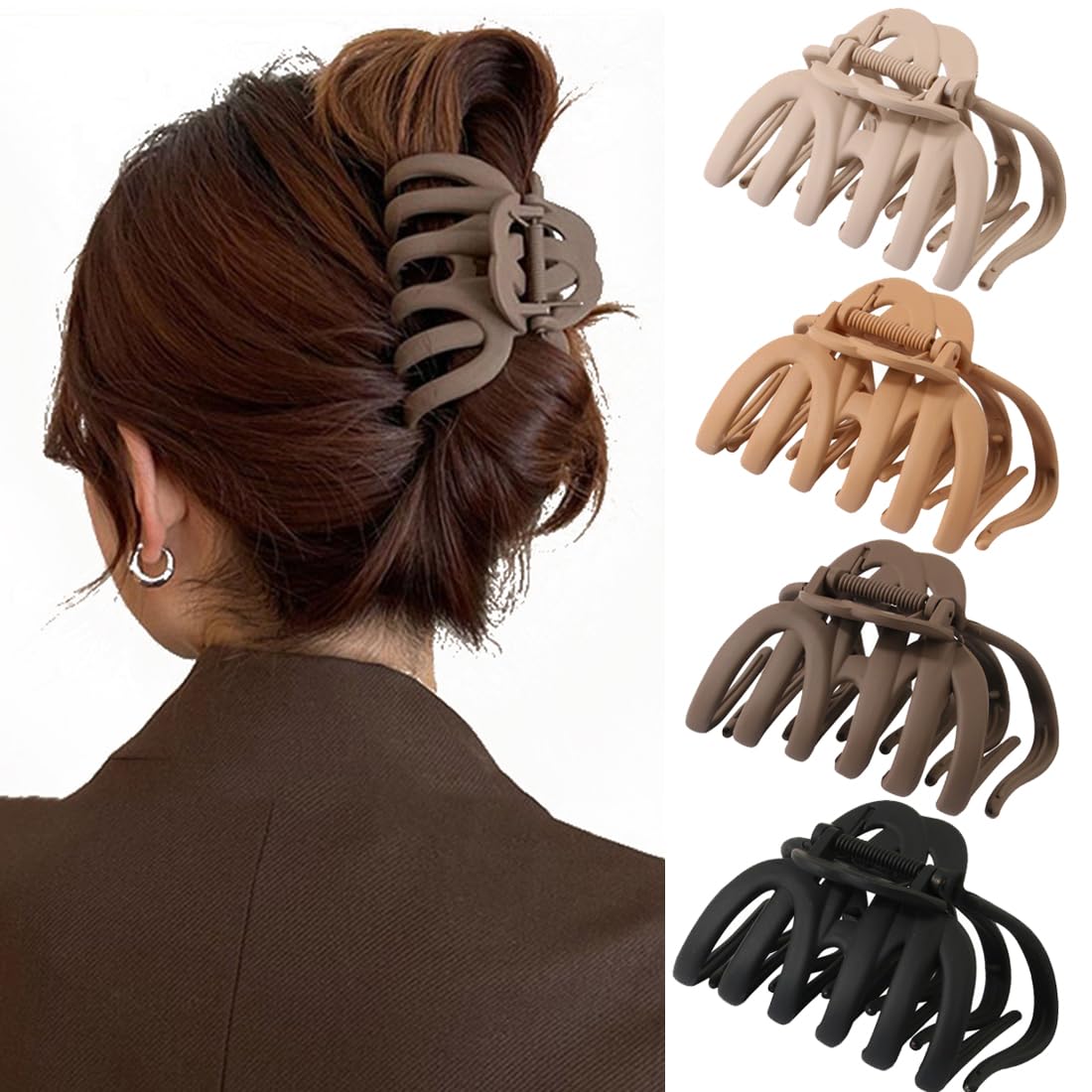 Seneeel 4 Pcs Octopus Claw Clips, 3.8'' Large Hair Claw Clips for Women, Strong Grip Non-slip Jaw Clips for Thick Hair, Natural 