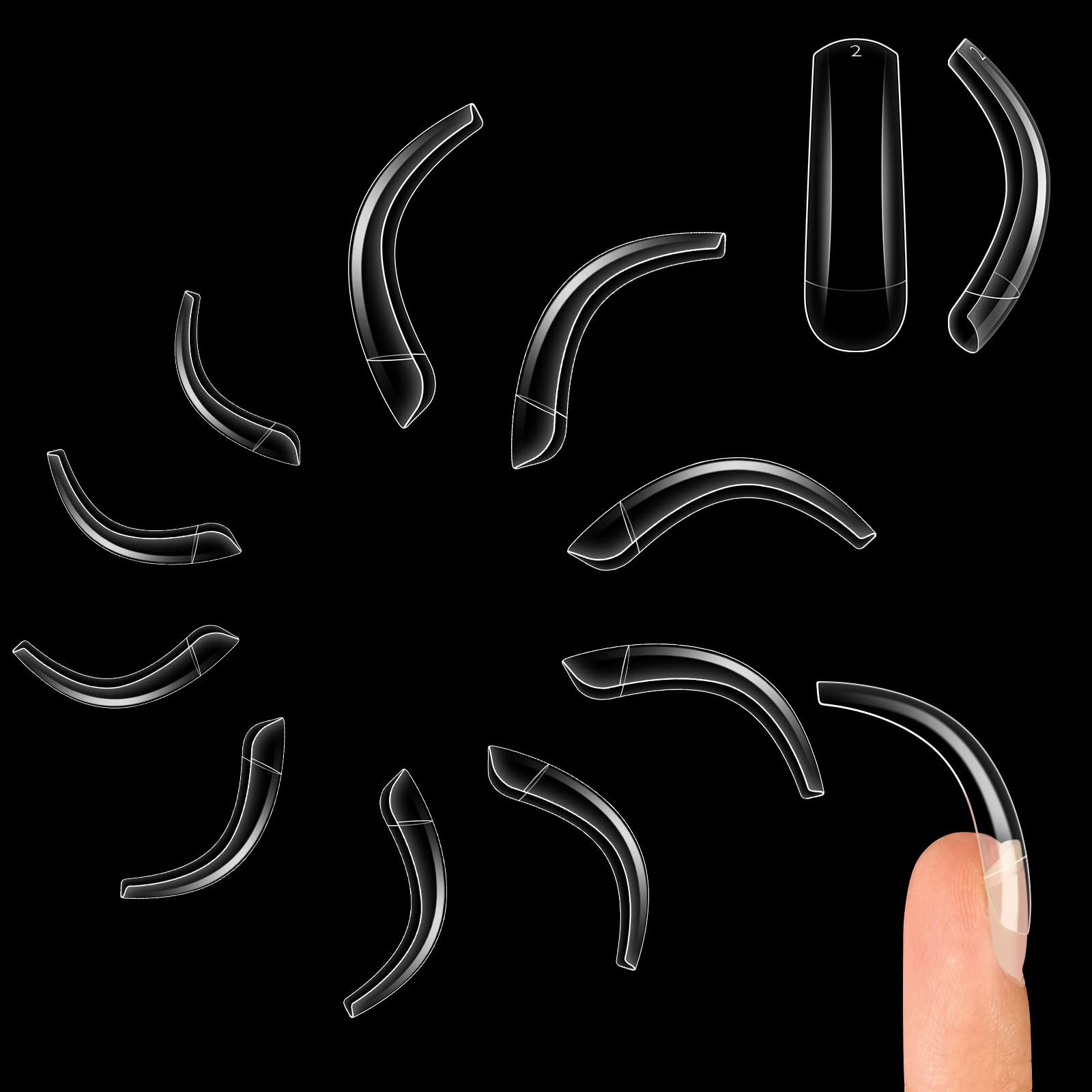 NOVO OVO 500 pcs Hawk Curved Trasnparent Extra Super Extreme Deep Curve Half Cover Long Square Tapered Eagle Claw False Nail Ext